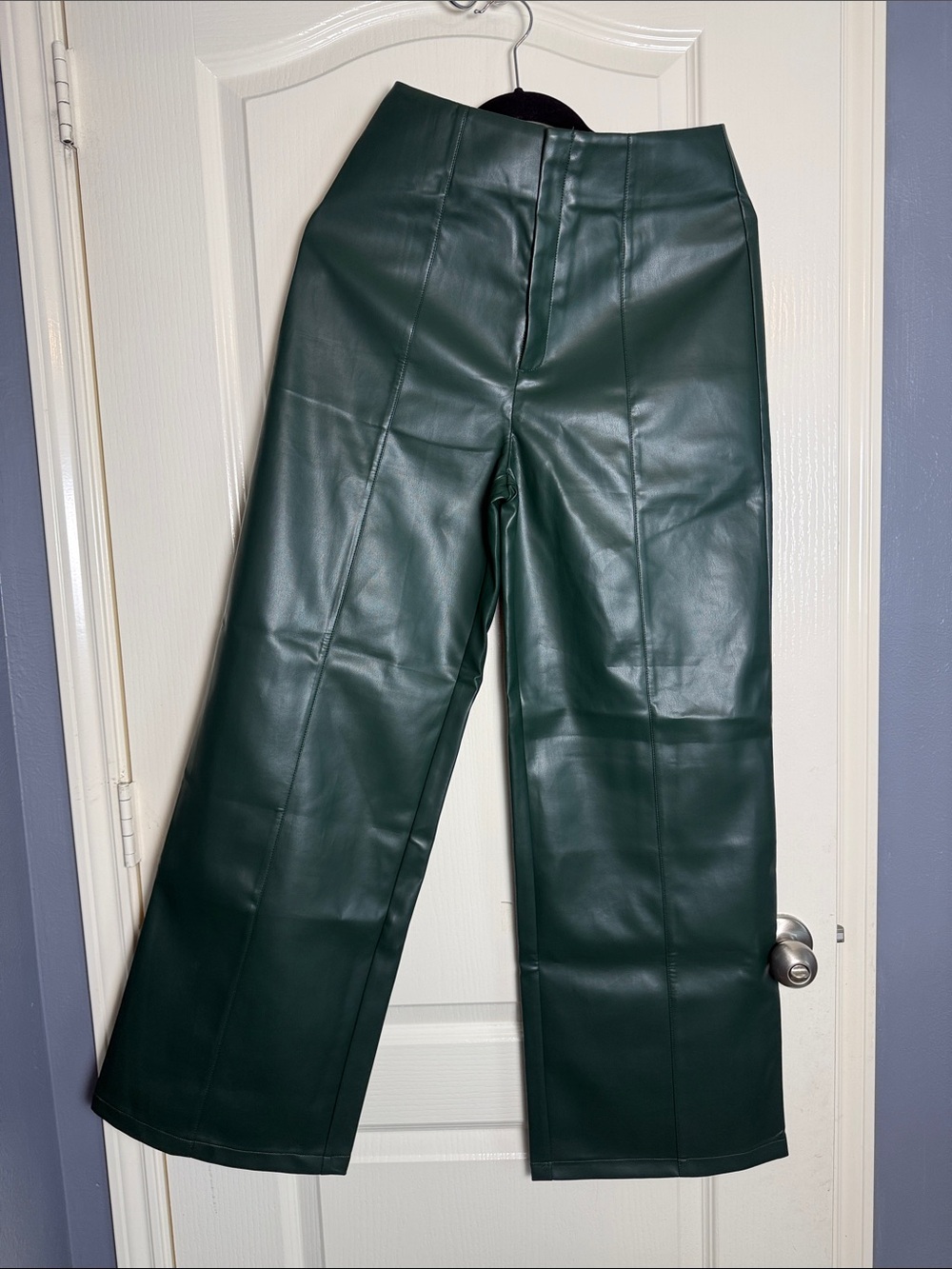 COMMENSE Green High-Wist PU Leather Wide-Leg Pants